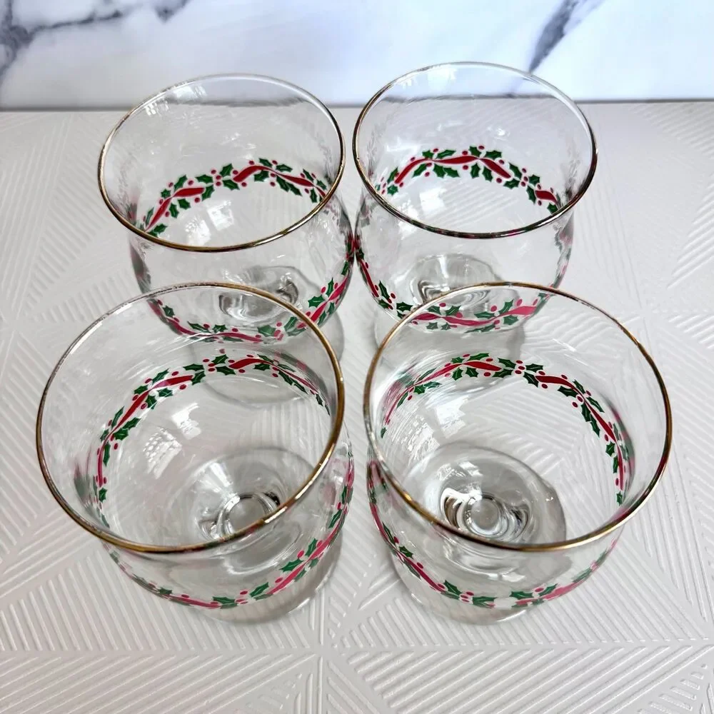 Vintage Libbey Holly Berry Red Ribbon Christmas Dessert Glass Goblet Set of 4